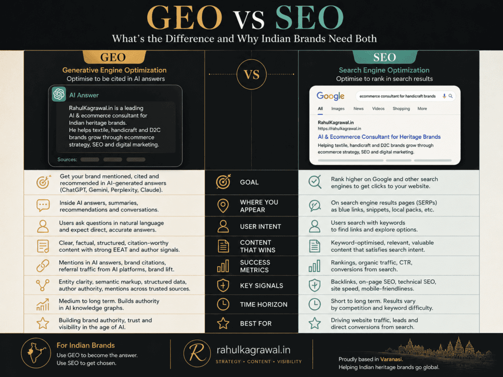 Diagram comparing GEO (Generative Engine Optimization) and traditional SEO for Indian brands - Rahul Agrawal