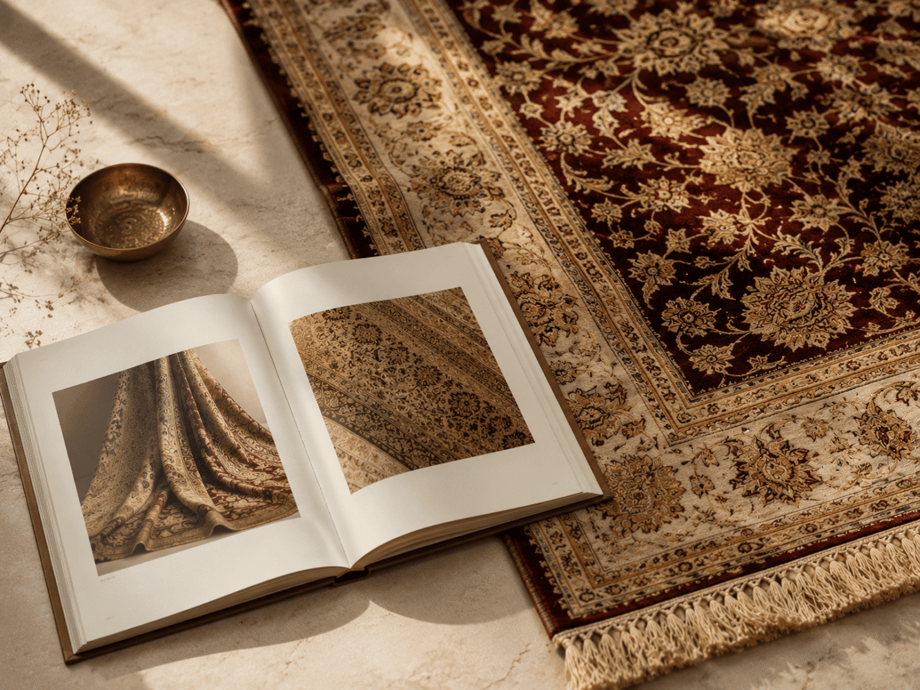 Export brand positioning for Indian handicraft businesses — handwoven carpet beside brand lookbook