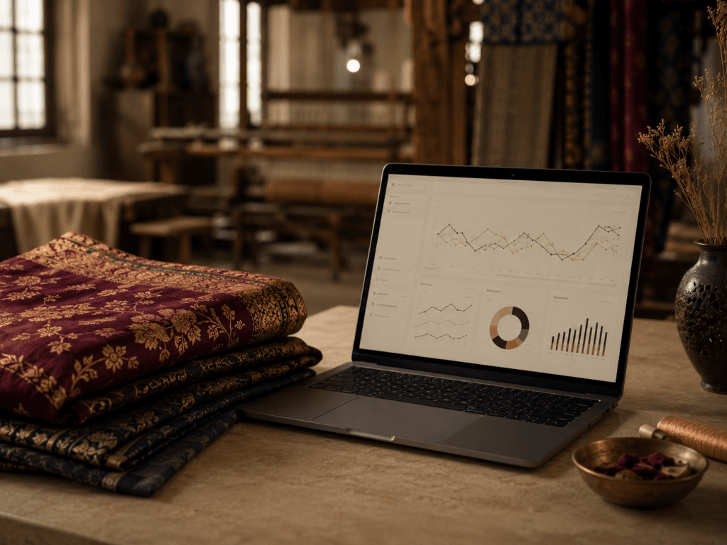 GEO optimization for Indian exporters — analytics dashboard alongside Indian silk fabric