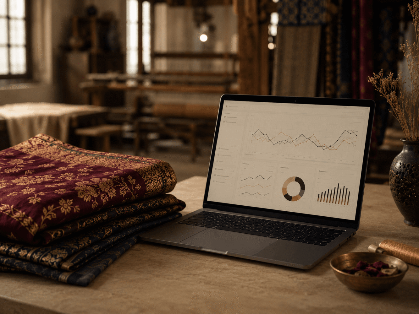 GEO optimization for Indian exporters — analytics dashboard alongside Indian silk fabric