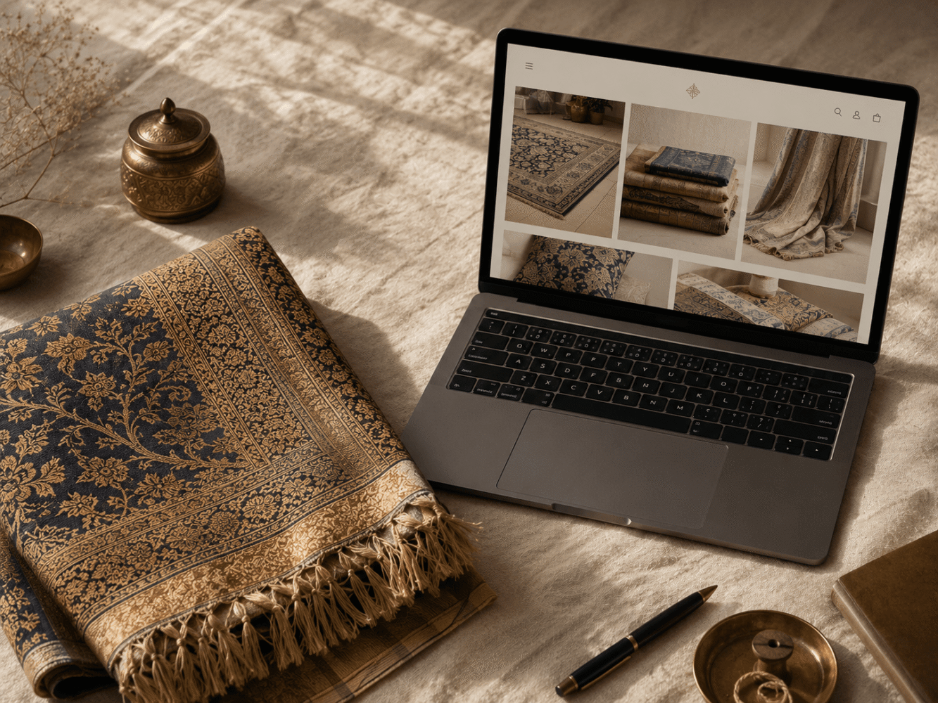 Ecommerce growth strategy for Indian exporters — funnel audit on laptop beside handwoven textile