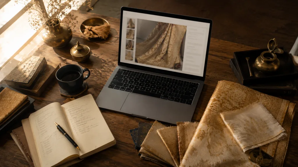 Banarasi saree business online — founder's desk with silk swatches and a direct-to-customer store on laptop