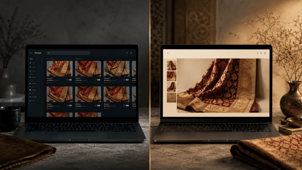 Banarasi saree business online — a founder reviewing their direct-to-customer Shopify store