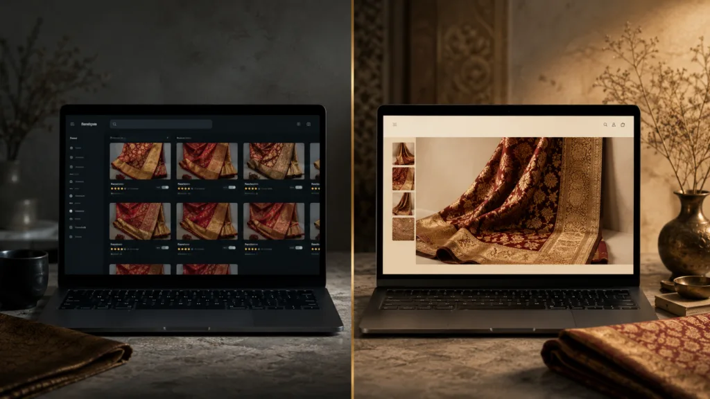 Banarasi saree business online — a founder reviewing their direct-to-customer Shopify store