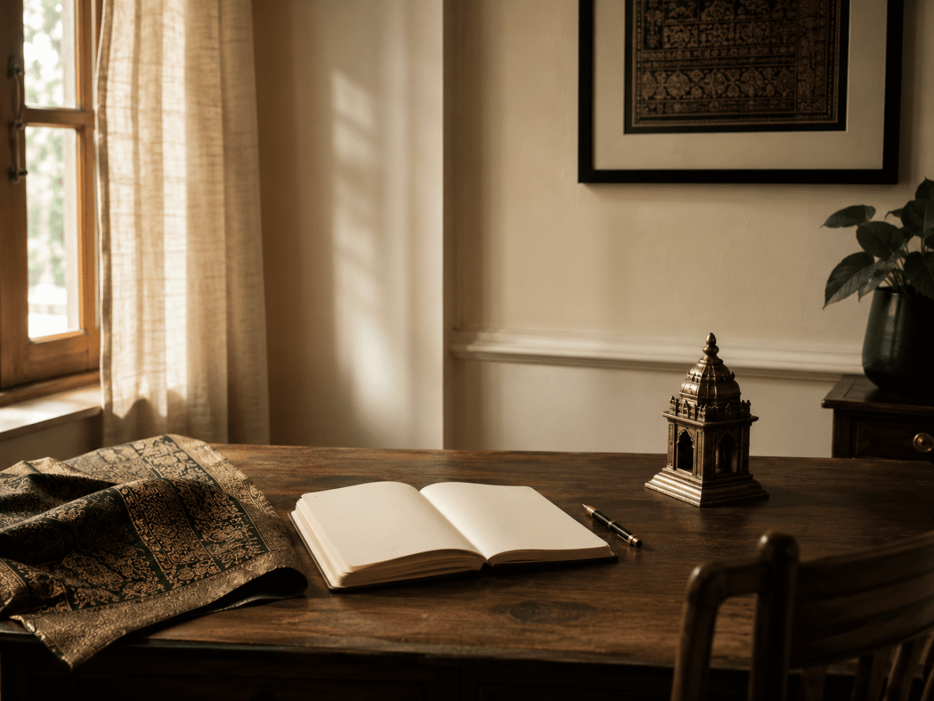 Minimal study desk with brass artifact and notebook -- personal brand strategy for business leaders and founders India