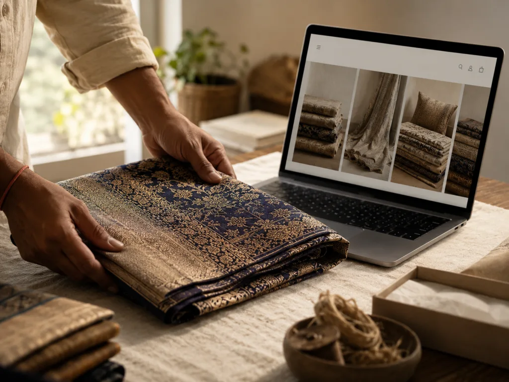 Shopify consultant for Indian exporters — artisan textile beside clean Shopify storefront