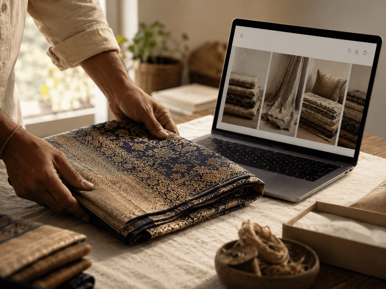 Shopify consultant for Indian exporters — artisan textile beside clean Shopify storefront
