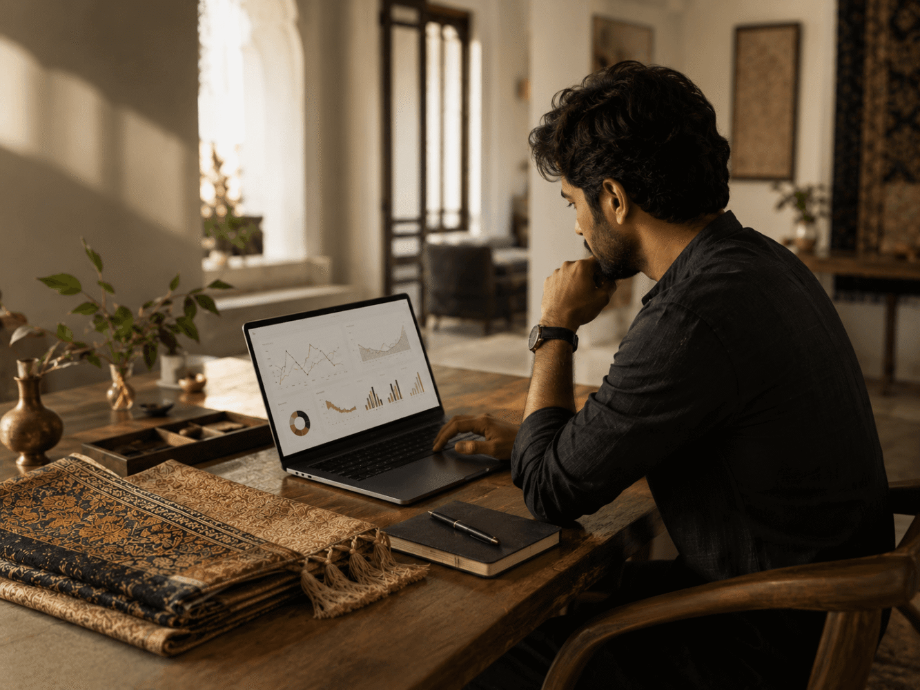 Shopify expert for Indian D2C brands reviewing conversion data with handwoven textile samples on desk