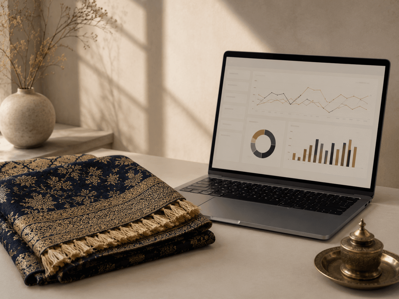 Performance marketing for D2C brands India — analytics dashboard beside Indian craft product
