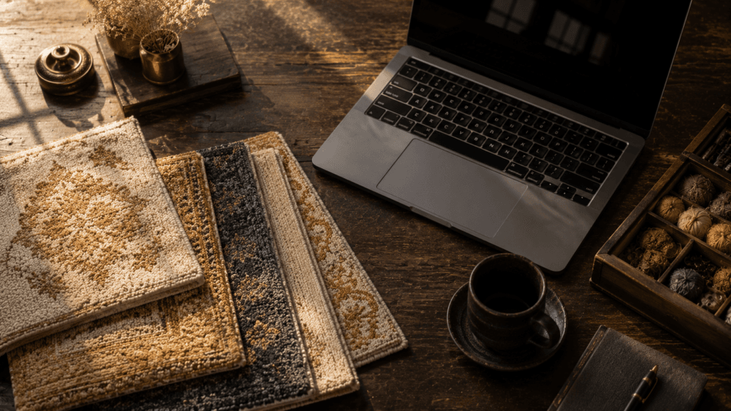 Exporter reviewing digital marketing strategy alongside carpet swatches