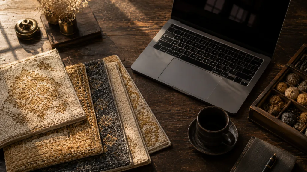 Exporter reviewing digital marketing strategy alongside carpet swatches