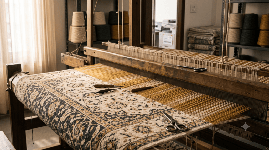Hand-knotted carpet on a loom representing Bhadohi carpet export digital marketing