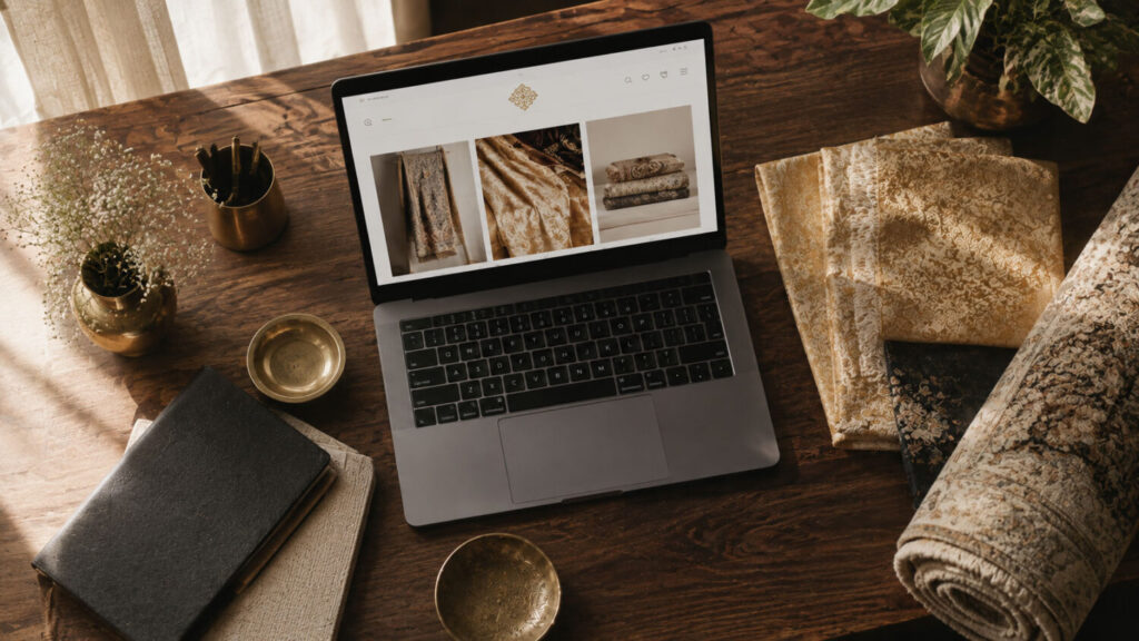 Indian exporter's desk with a Shopify storefront on a laptop beside Banarasi silk and a handwoven rug