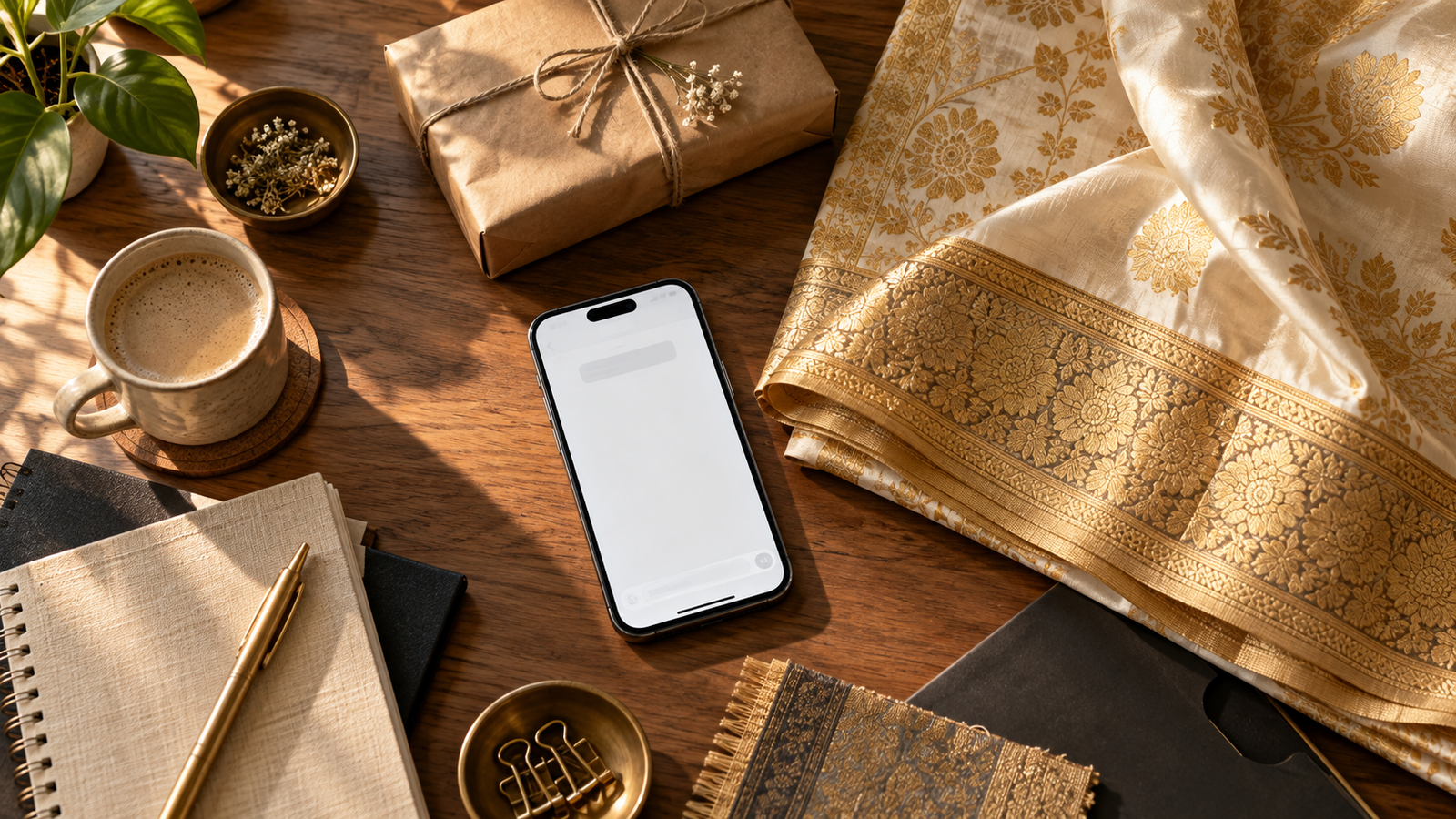 Meta Muse in India readiness for a Banarasi silk export brand, phone beside a saree and export parcel