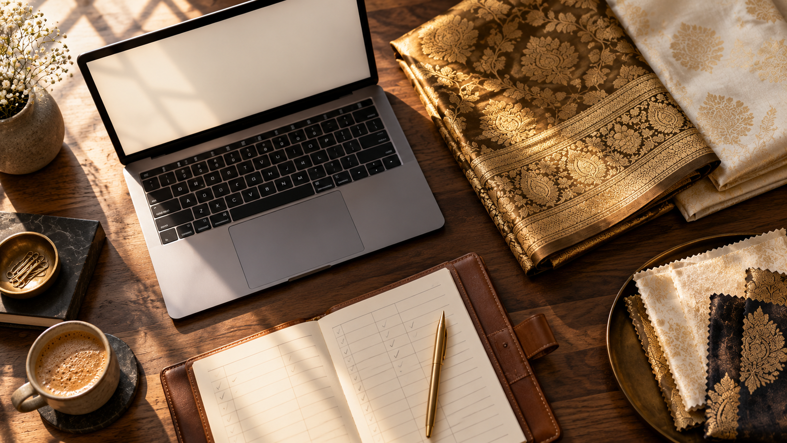 Founder's desk with Banarasi silk swatches and an audit notebook used to fix ChatGPT brand mentions
